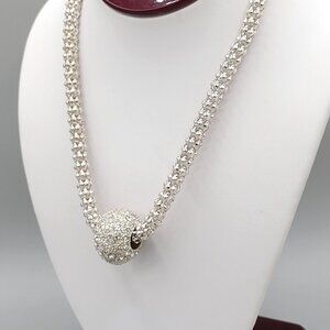 Silver Tone Woven Necklace With Floating Rhinestone Crystal Ball Pendant 16"
